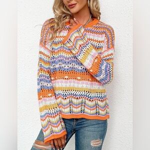 Boho Colorful Crochet Open-Knit Sweater Size Large